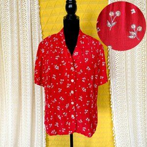 Vintage Liz Claiborne Red Cherry Print Short Sleeve Button Down Blouse - 14